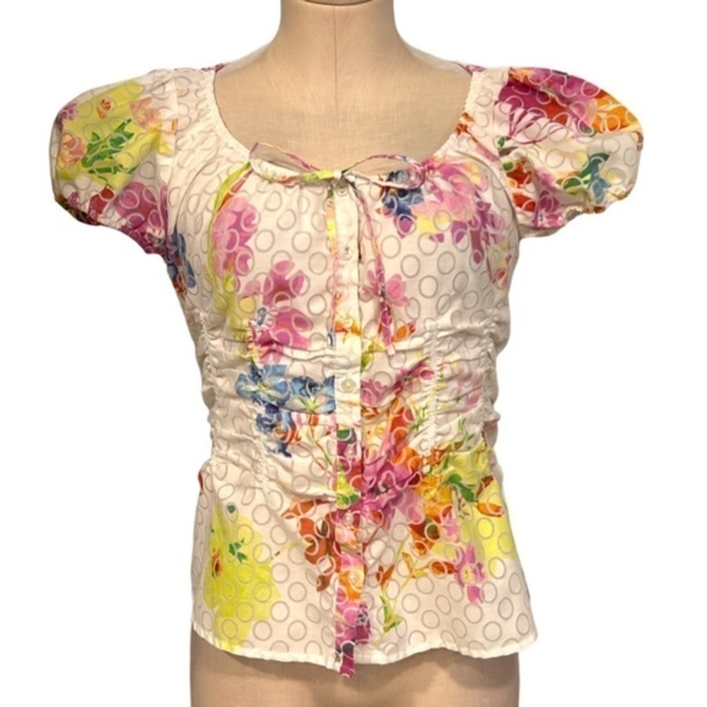 Harvé Benard Romantic White with Colorful Flower Pattern Buttoned Down Blouse